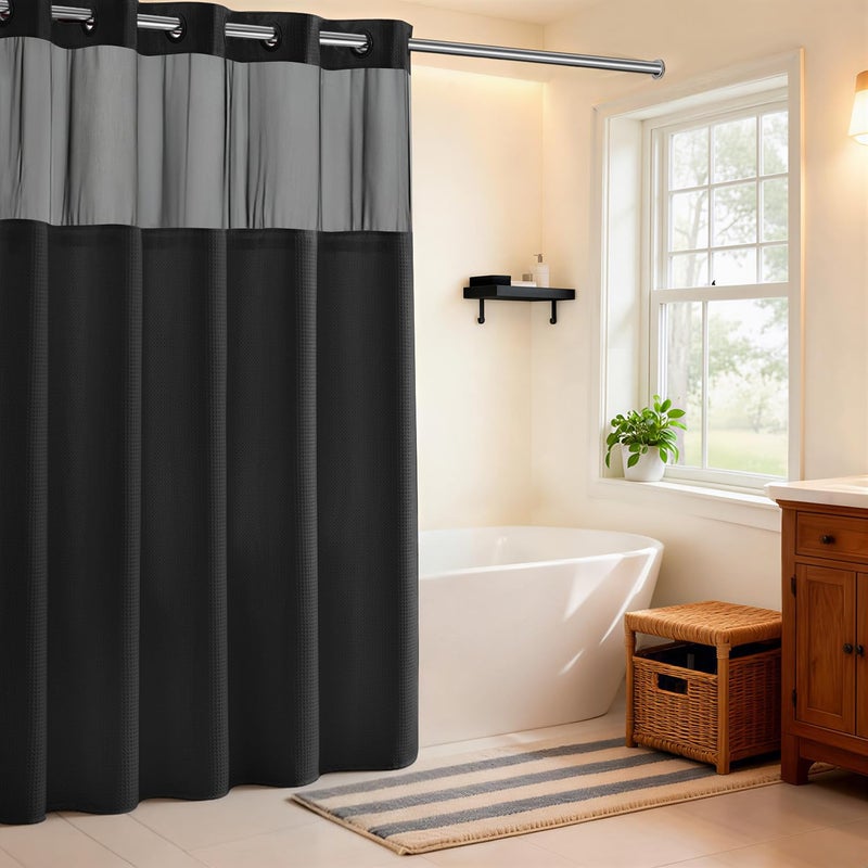 River Dream Black Shower Curain No Hooks Dotted Waffle Weave Shower Curtain with Snap in Liner - 71W x 74H,Hotel Grade,Spa Like Bath Curtain Set - Image 1
